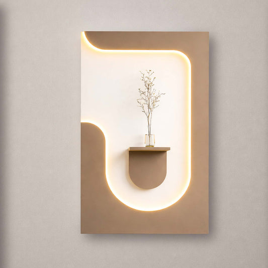 Modern LED Wall Décor Panel with Wooden Shelf | Minimal Home Wall Art Design