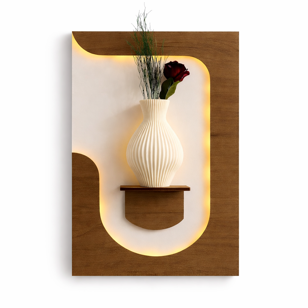 Modern Wooden LED Wall Shelf with Vase | Luxury Wall Decor for Living Room & Bedroom