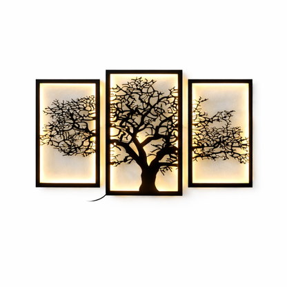 Modern LED Wooden Tree Wall Art (3 Panel) | Luxury Wall Decor for Living Room