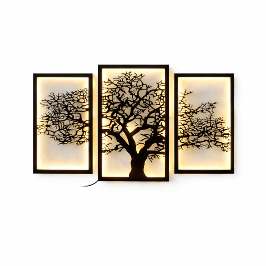 Modern LED Wooden Tree Wall Art (3 Panel) | Luxury Wall Decor for Living Room