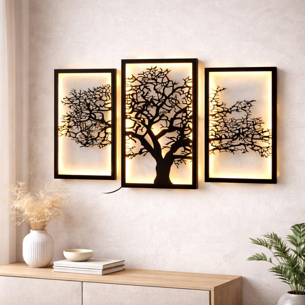 Modern LED Wooden Tree Wall Art (3 Panel) | Luxury Wall Decor for Living Room