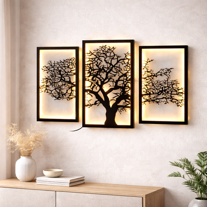 Modern LED Wooden Tree Wall Art (3 Panel) | Luxury Wall Decor for Living Room