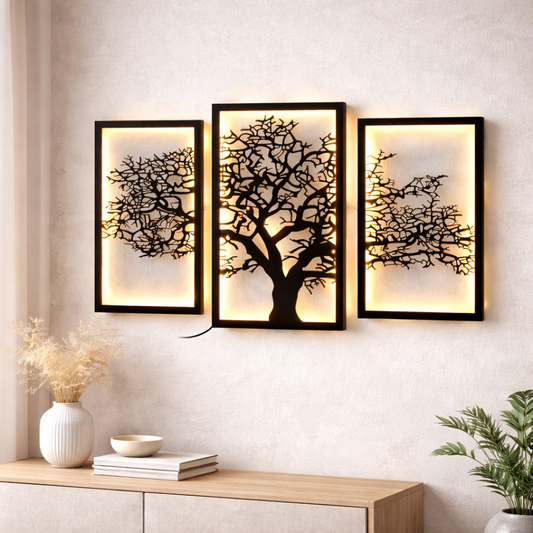 Modern LED Wooden Tree Wall Art (3 Panel) | Luxury Wall Decor for Living Room