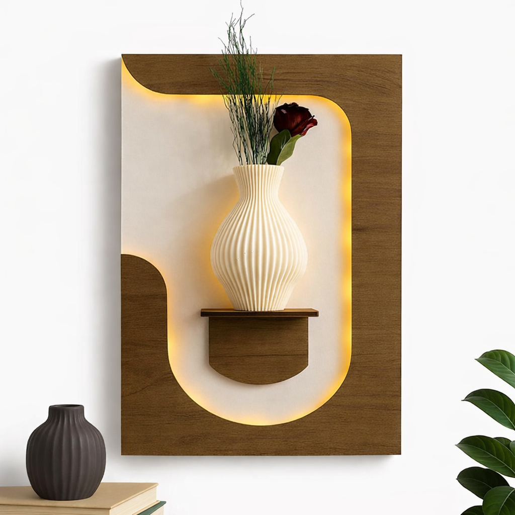 Modern Wooden LED Wall Shelf with Vase | Luxury Wall Decor for Living Room & Bedroom