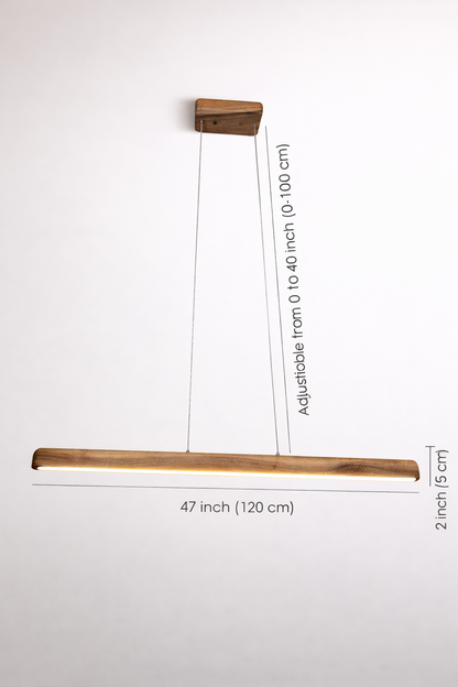 modern wooden LED pendant lamp hanging over dining table